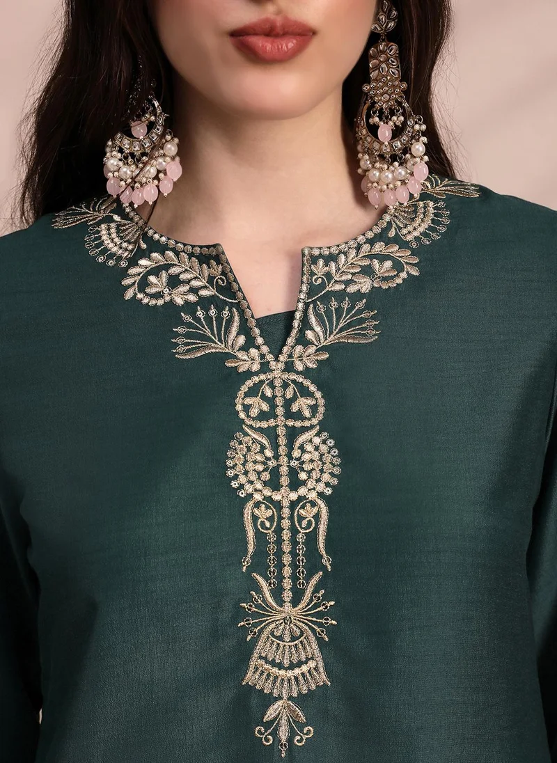globus Green Globus Women Green Zari Embroidered Yoke Round Neck Short Kurta With Allover Foil Printed Sharara & Ombre Dupatta Festive Set for Women | Best Price UAE